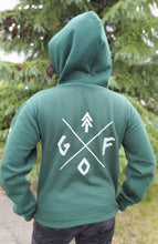 Load image into Gallery viewer, forest green unisex hoodie with grey gtfo logo. ladies. men. gtf outside
