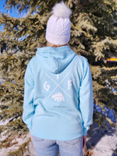 Load image into Gallery viewer, light blue unisex hoodie with gtf outside cross logo, gtfo
