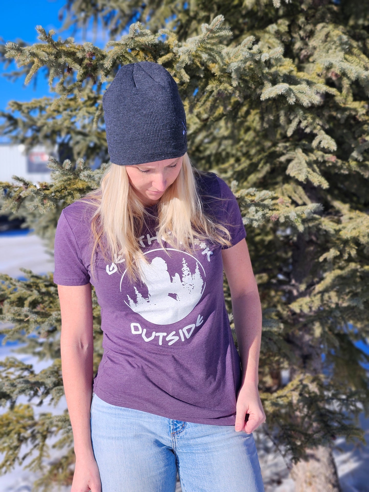 amethyst ladies tee with cream sasquatch get the f**k outside logo, gtf outside, gtfo