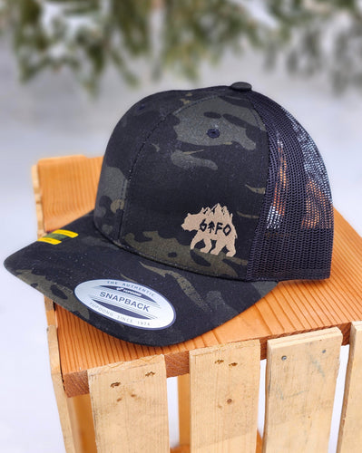 black camo snapback hat with embroidered grizz gtfo logo, gtf outside