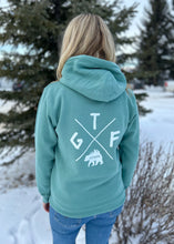 Load image into Gallery viewer, sage unisex hoodie with gtf outside cross logo with bear, gtfo
