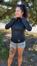 Load image into Gallery viewer, ladies athletic zip up, black athletic jacket, jacket with thumbholes, jacket with pockets
