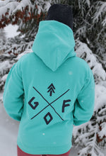 Load image into Gallery viewer, cool mint unisex hoodie with black gtfo logo. gtf outside. ladies. men.
