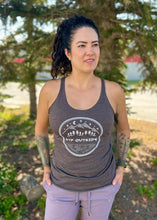 Load image into Gallery viewer, brown ladies racerback tank top with white gtf outside night scene logo with moon, mountains and trees. gtf outside. gtfo
