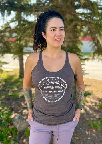 brown ladies racerback tank top with white gtf outside night scene logo with moon, mountains and trees. gtf outside. gtfo