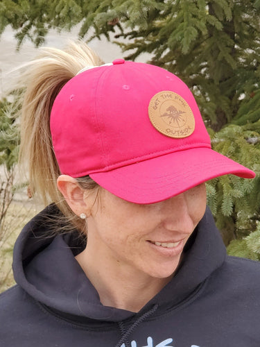pink pony tail hat with gtf outside patch logo. ladies hat. gtfo