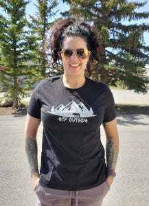 ladies relaxed fit tee heather black with white gtf outside logo with bear mountains and trees. gtfo.