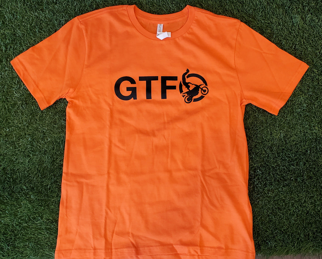 youth orange shirt. t-shirt. kids. gtfo. gtf outside. motocross 
