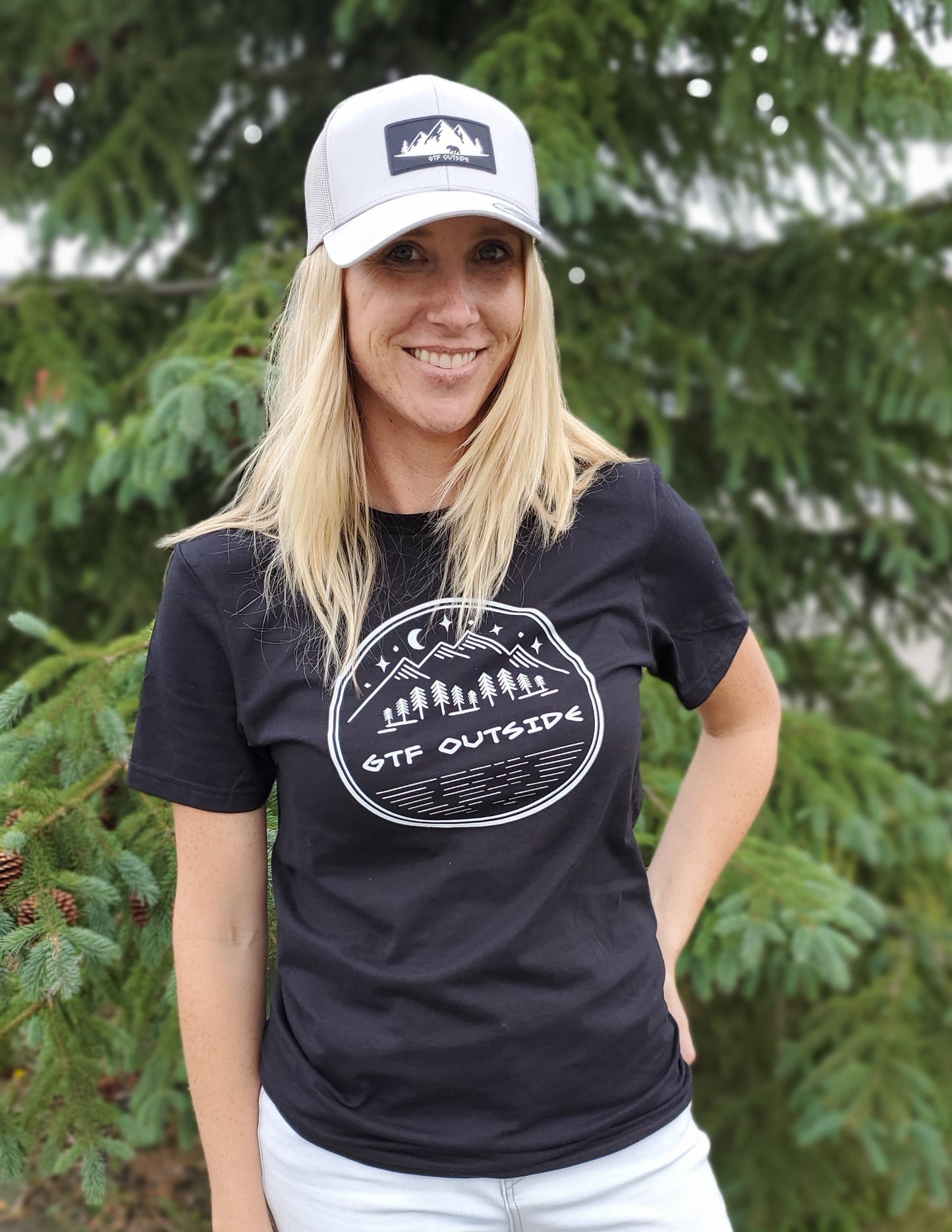 unisex black gtf outside t-shirt with white night scene logo. gtfo. ladies. men. logo with mountains, trees, moon and stars