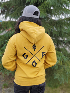 heather mustard unisex hoodie with grey gtfo logo. gtf outside. yellow hoodie. ladies. men.