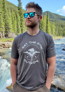 grey athletic t-shirt with white be bold get the f outside logo with bear, mountains and compass. gtfo. gtf outside. mens athletic shirt. unisex. ladies. gtf outside