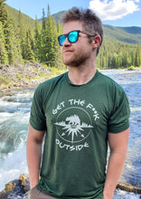 Load image into Gallery viewer, forest green athletic t-shirt with white be bold get the f outside logo with bear, mountains and compass. mens athletic shirt. unisex. ladies. gtf outside
