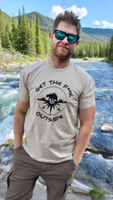 Load image into Gallery viewer, sand t-shirt with black be bold get the f outside logo with bear, mountains and compass. mens shirt. unisex. ladies. gtf outside
