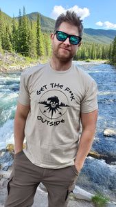 sand t-shirt with black be bold get the f outside logo with bear, mountains and compass. mens shirt. unisex. ladies. gtf outside