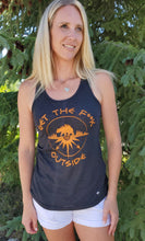 Load image into Gallery viewer, charcoal ladies tank with orange be bold get the f outside logo with bear, mountains and compass. womens tank. gtfo. gtf outside
