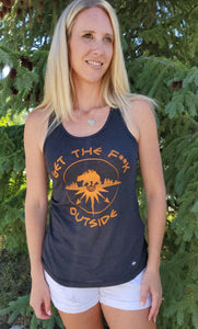 charcoal ladies tank with orange be bold get the f outside logo with bear, mountains and compass. womens tank. gtfo. gtf outside