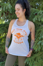 Load image into Gallery viewer, ladies white tank with orange be bold get the f outside logo with bear, mountains and compass. gtfo. womens tank. gtf outside
