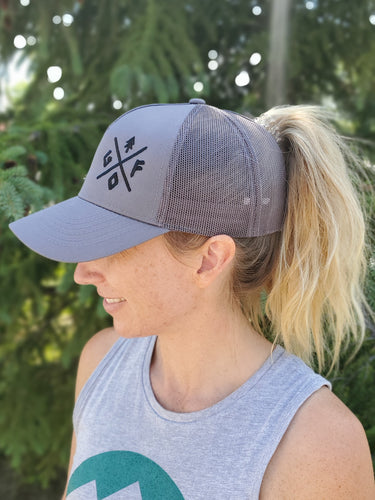 grey mesh pony tail hat with gtf outside embroidered logo. ladies hat. gtfo