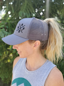 grey mesh pony tail hat with gtf outside embroidered logo. ladies hat. gtfo