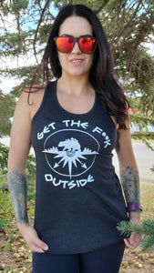 ladies charcoal grey tank top with white be bold get the f outside logo. logo with bear, mountains, trees and compass. gtf outside. gtfo.  womens tank top.