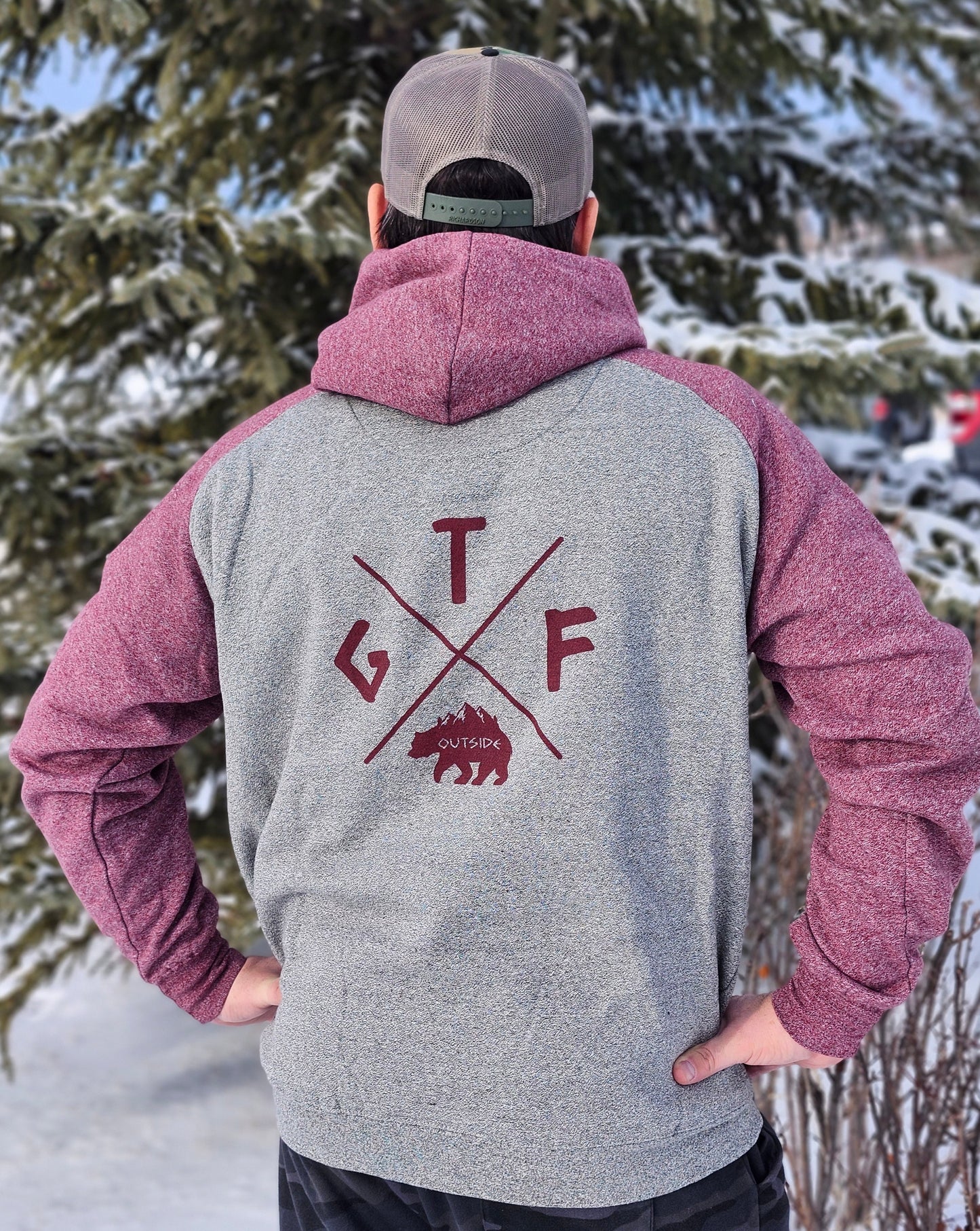 raglan unisex hoodie, maroon and grey hoodie, gtf outside, gtfo