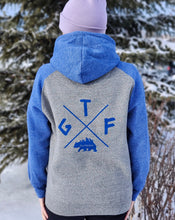 Load image into Gallery viewer, raglan unisex hoodie, royal blue and grey hoodie, gtf outside, gtfo
