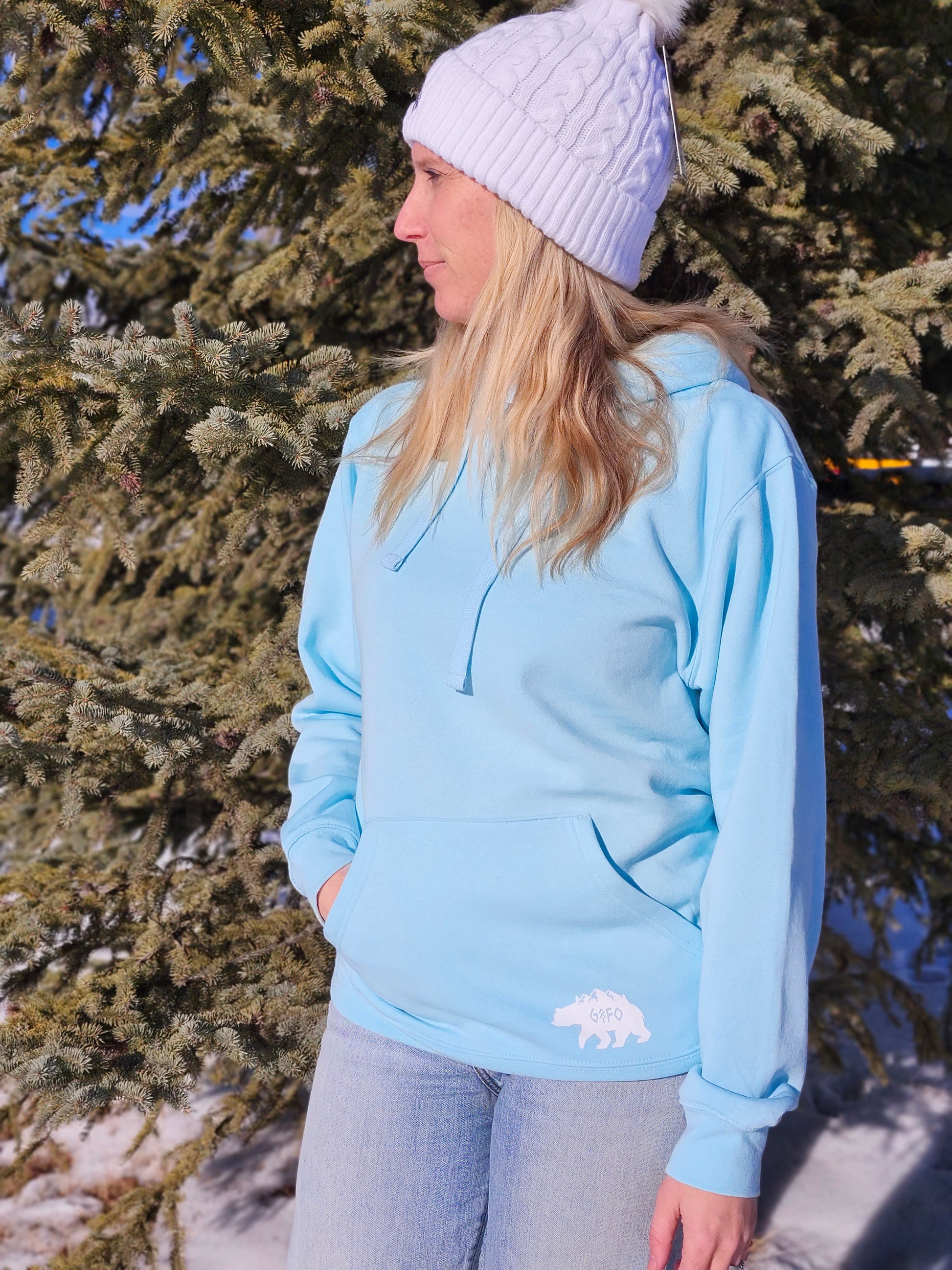 light blue unisex hoodie with gtfo bear, gtf outside