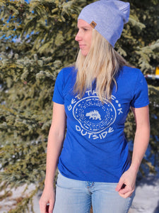blue ladies tee with vintage be bold get the f**k outside logo, gtf outside, gtfo