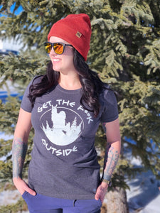 charcoal grey ladies tee with cream sasquatch get the f**k outside logo, gtf outside, gtfo