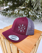 Load image into Gallery viewer, burgundy and grey snapback hat with gtfo embroidered logo, gtf outside
