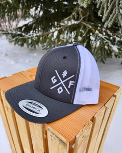 grey and white snapback hat with gtfo embroidered logo, gtf outside