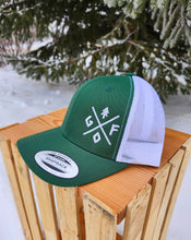Load image into Gallery viewer, green and white snapback hat with embroidered gtfo logo, gtf outside

