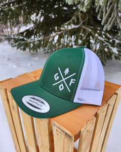 green and white snapback hat with embroidered gtfo logo, gtf outside