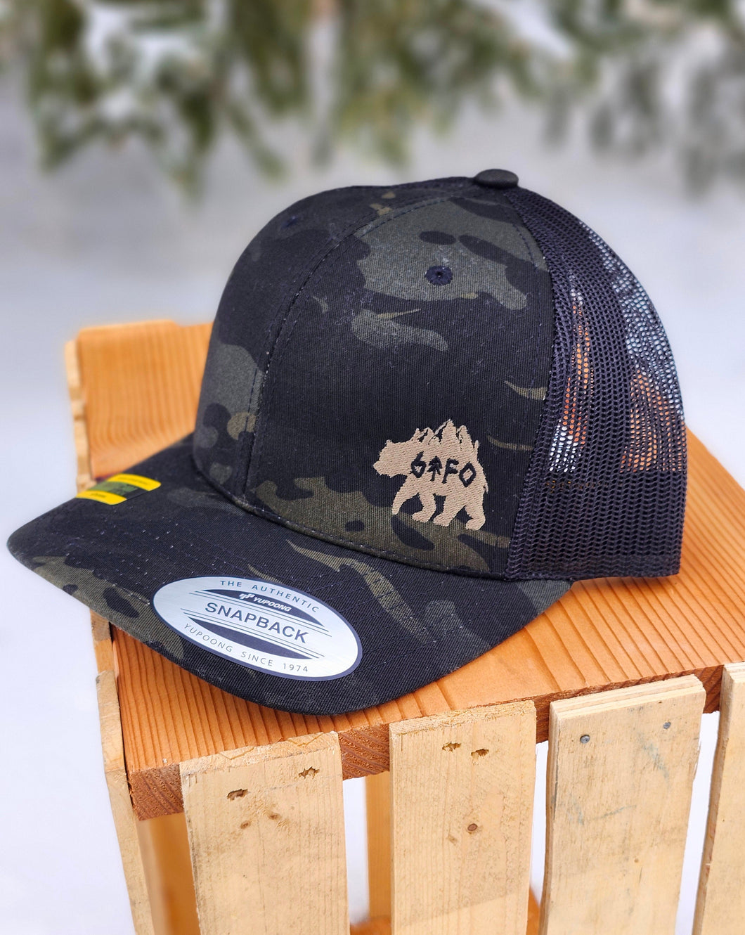 black camo snapback hat with embroidered grizz gtfo logo, gtf outside