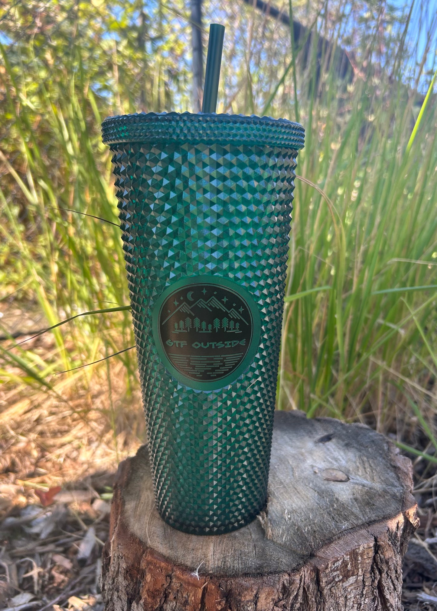 iridescent green tumbler, emerald tumbler, gtf outside, gtfo, studded tumbler