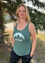 Load image into Gallery viewer, heather pine ladies tank, love the day, gtf outside, gtfo, logo with mountains and sun, green tank top
