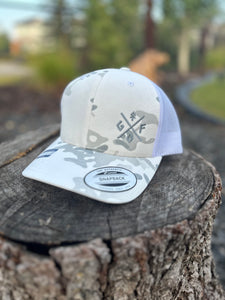 white camo hat with embroidered gtfo logo, gtf outside, snapback