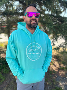 teal unisex hoodie, cool mint hoodie, mens, womens, night scene logo, gtf outside, gtfo, logo with mountains trees and stars