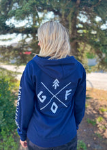 Load image into Gallery viewer, navy zip up hoodie with gtf outside logo, #endthesilence, gtfo
