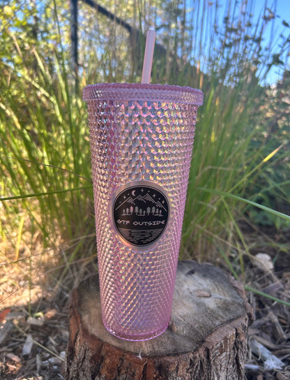 iridescent pink studded tumbler, gtf outside, gtfo