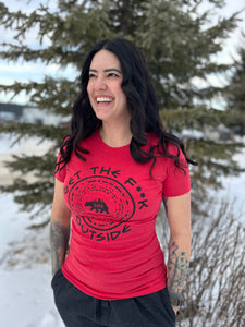 red ladies tee with vintage be bold get the f**k outside logo, gtfo, gtf outside
