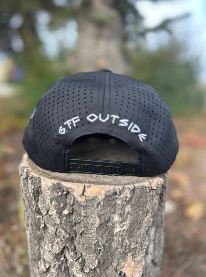 hat flat brim 5 panel, black with mind green front panel and silicone patch with mountain scene logo. Be Bold embroidery logo on the side, GTF Outside embroidered on the back