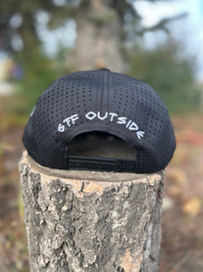 hat flat brim 5 panel, black with mind green front panel and silicone patch with mountain scene logo. Be Bold embroidery logo on the side, GTF Outside embroidered on the back