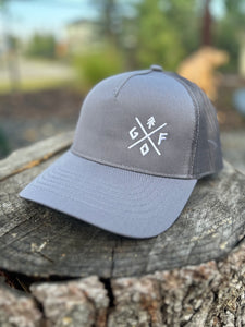 grey pony tail hat with white embroidered logo, gtf outside, gtfo