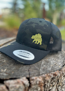 black camo hat with grizz logo, gtf outside, gtfo, snapback