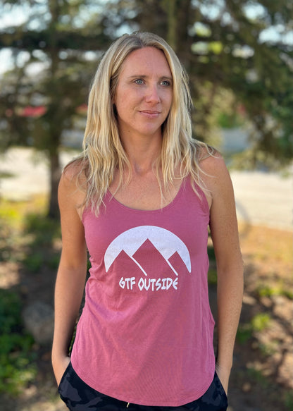 mauve ladies tank top, gtf outside, love the day logo with mountains and sun, gtfo, gtf outside
