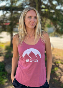 mauve ladies tank top, gtf outside, love the day logo with mountains and sun, gtfo, gtf outside