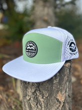 Load image into Gallery viewer, hat flat brim 5 panel, white with mind green front panel and silicone patch with mountain scene logo. Be Bold embroidery logo on the side, GTF Outside embroidered on the back
