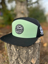 Load image into Gallery viewer, hat flat brim 5 panel, black with mind green front panel and silicone patch with mountain scene logo. Be Bold embroidery logo on the side, GTF Outside embroidered on the back
