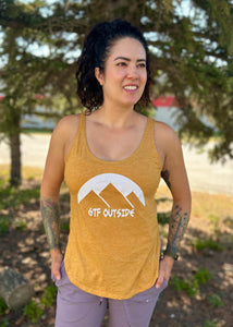 heather golden ladies tank top, yellow tank top, love the day, gtf outside, gtfo, logo with mountains and sun
